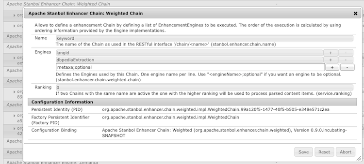 Configuration dialog for the WeightedCahin