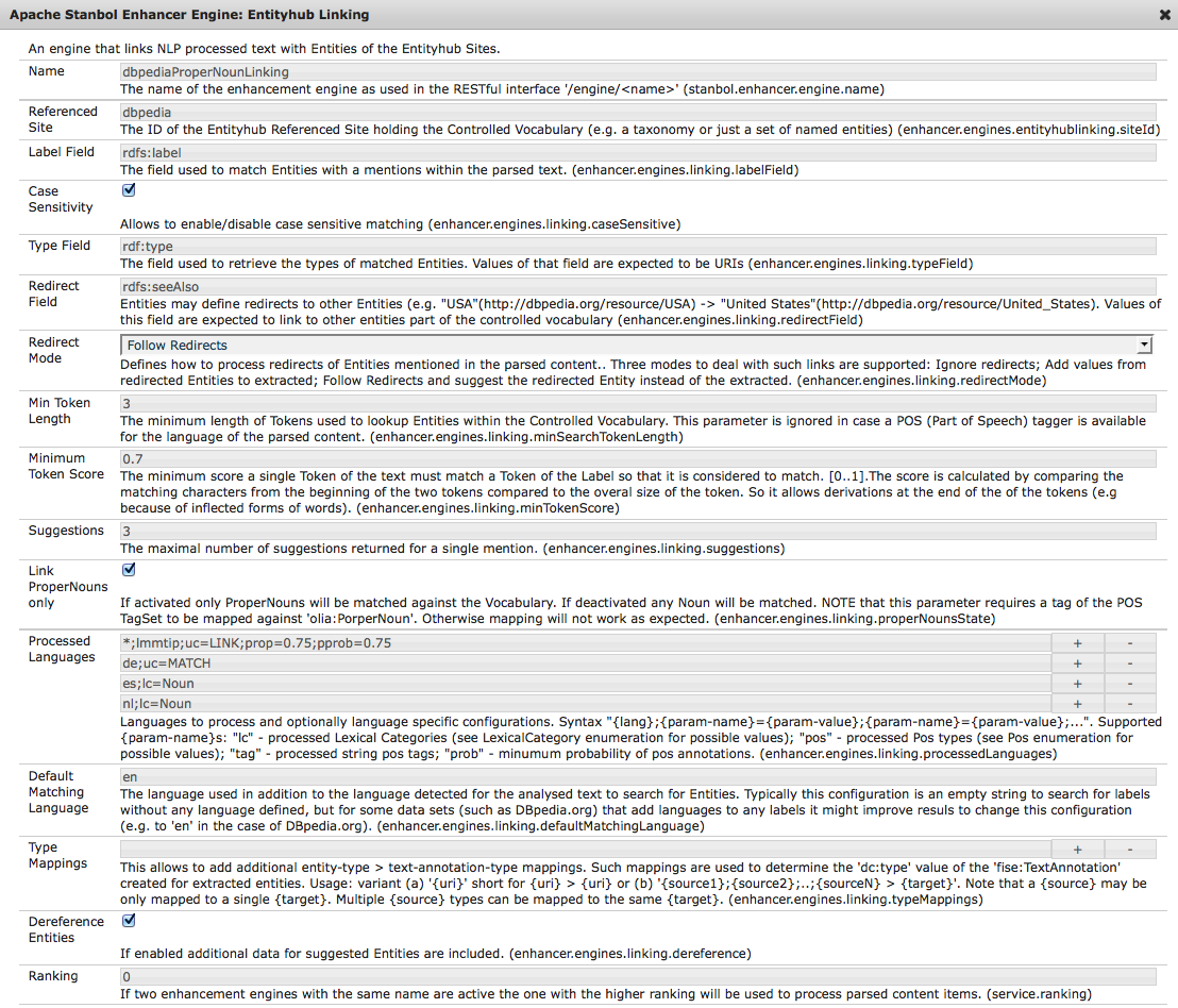 Configuration dialog for the EntityhubLinkingEngine