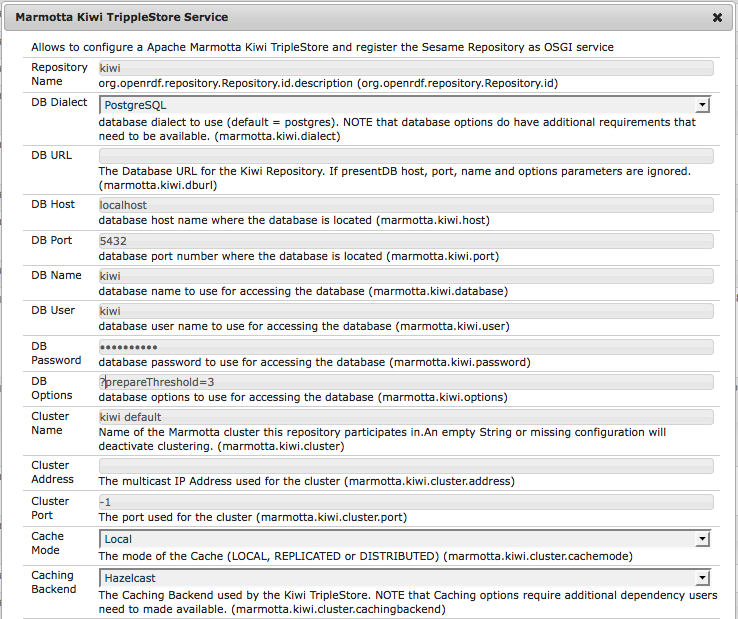 Marmotta KiWi Repository Service Configuration Dialog